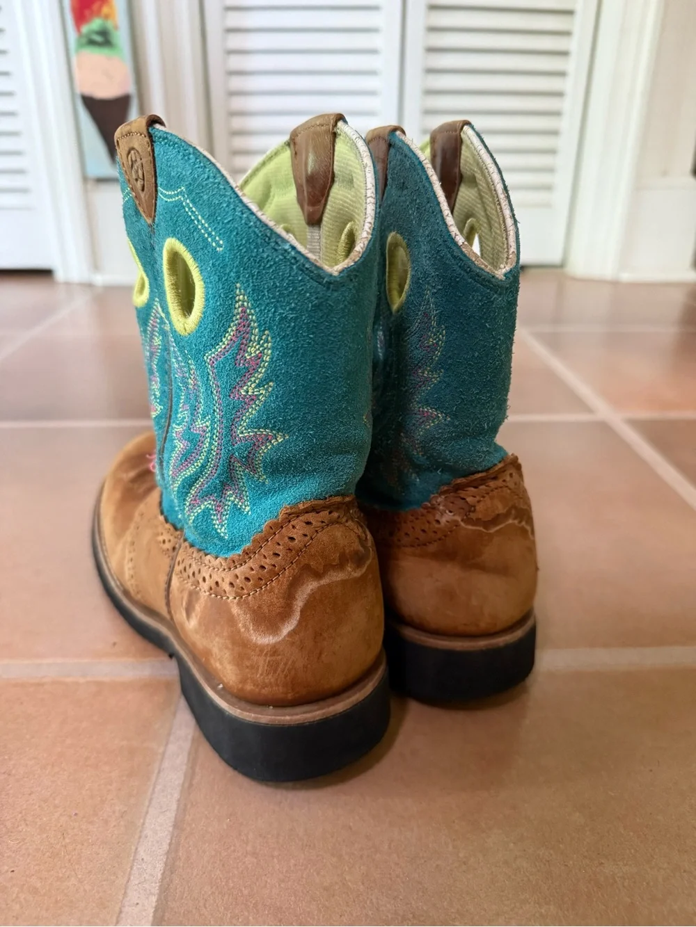 Arita Kids Western Pull-On Boots with Teal Shaft and Brown Leather 4.5